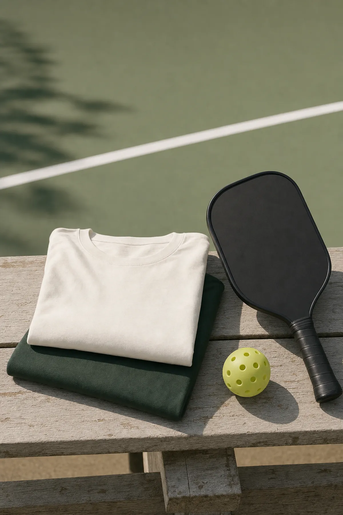 Folded tees and a paddle on a court-side bench